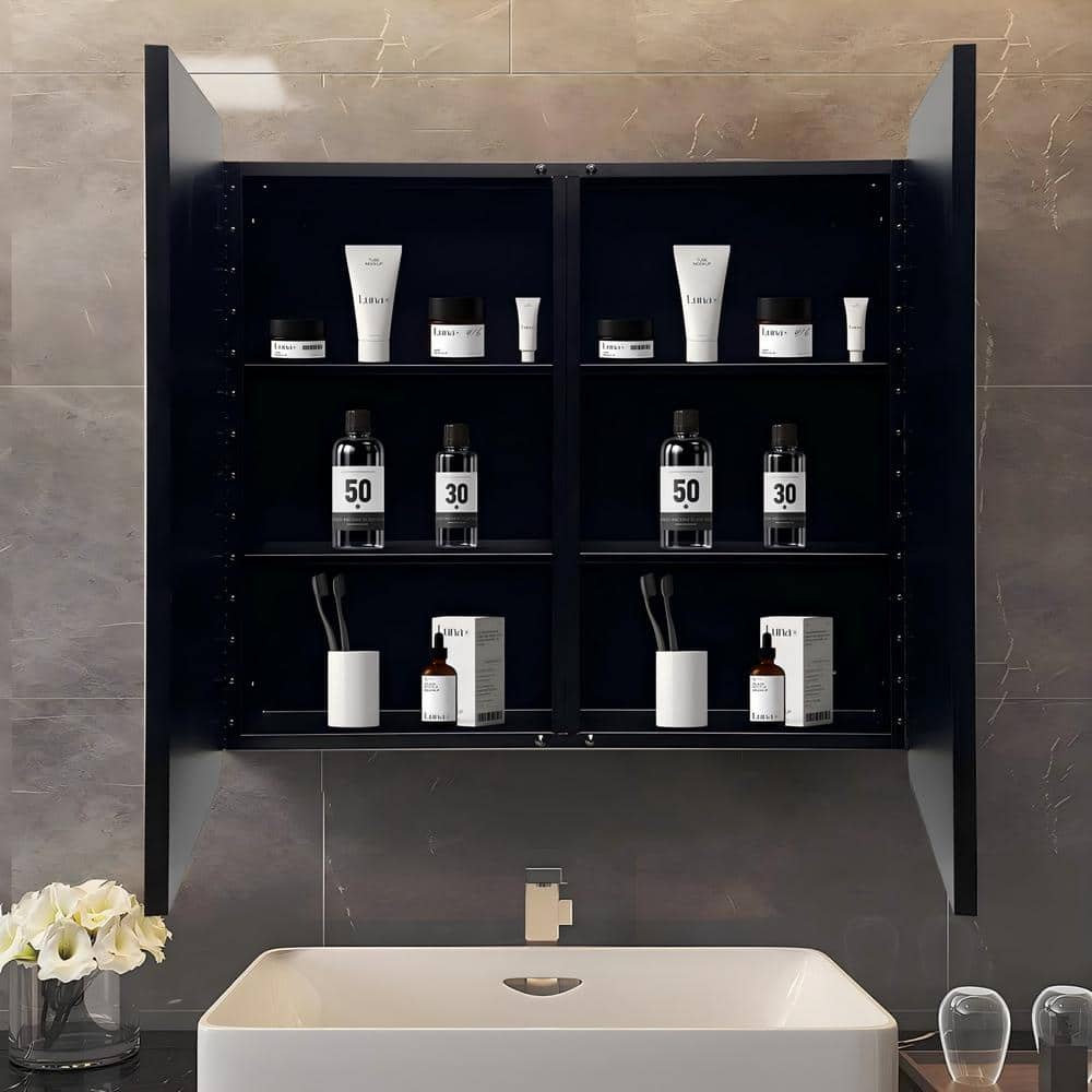 IHOMEadore 32 in. W x 32 in. H Rectangular Black Metal Wall Mount or Recessed Medicine Cabinet with Mirror in Bathroom