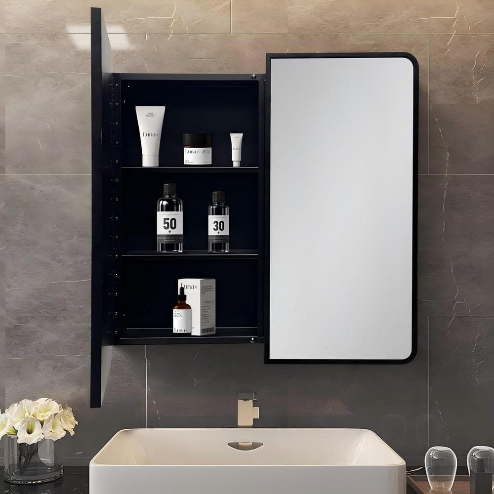 IHOMEadore 32 in. W x 32 in. H Rectangular Black Metal Wall Mount or Recessed Medicine Cabinet with Mirror in Bathroom