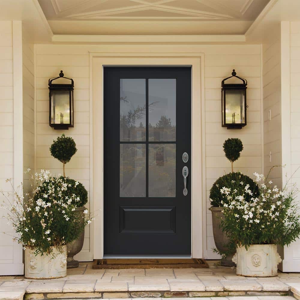 JELD-WEN 36 in. x 80 in. Left-Hand 4 Lite Clear Glass Black Painted Fiberglass Prehung Front Door with Brickmould