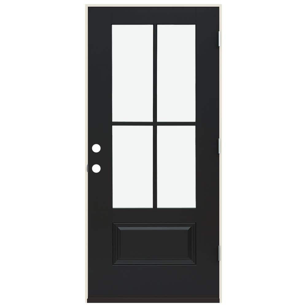 JELD-WEN 36 in. x 80 in. Left-Hand 4 Lite Clear Glass Black Painted Fiberglass Prehung Front Door with Brickmould
