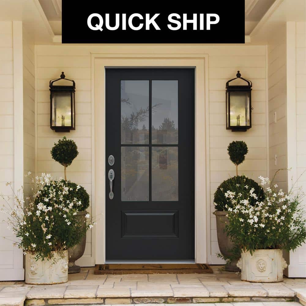 JELD-WEN 36 in. x 80 in. Right-Hand 4 Lite Clear Glass Black Painted Fiberglass Prehung Front Door with Brickmould