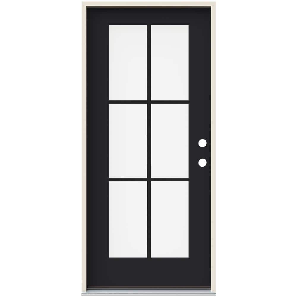 JELD-WEN 36 in. x 80 in. Left-Hand 6 Lite Clear Glass Black Painted Fiberglass Prehung Front Door with Brickmould