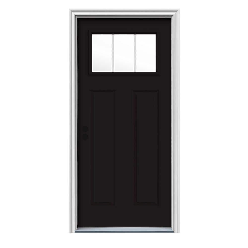 JELD-WEN 36 in. x 80 in. 3 Lite Craftsman Black Painted Steel Prehung Right-Hand Inswing Front Door with Brickmould