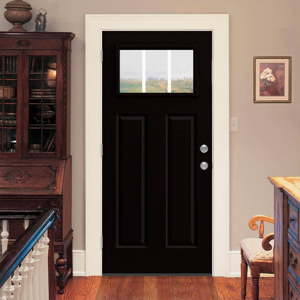 JELD-WEN 36 in. x 80 in. 3 Lite Craftsman Black Painted Steel Prehung Right-Hand Inswing Front Door with Brickmould
