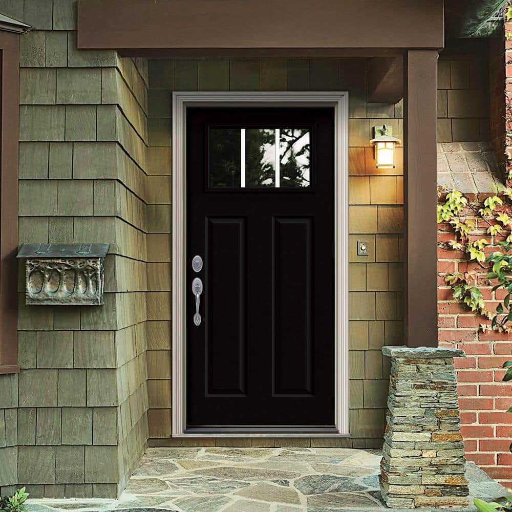 JELD-WEN 36 in. x 80 in. 3 Lite Craftsman Black Painted Steel Prehung Right-Hand Inswing Front Door with Brickmould