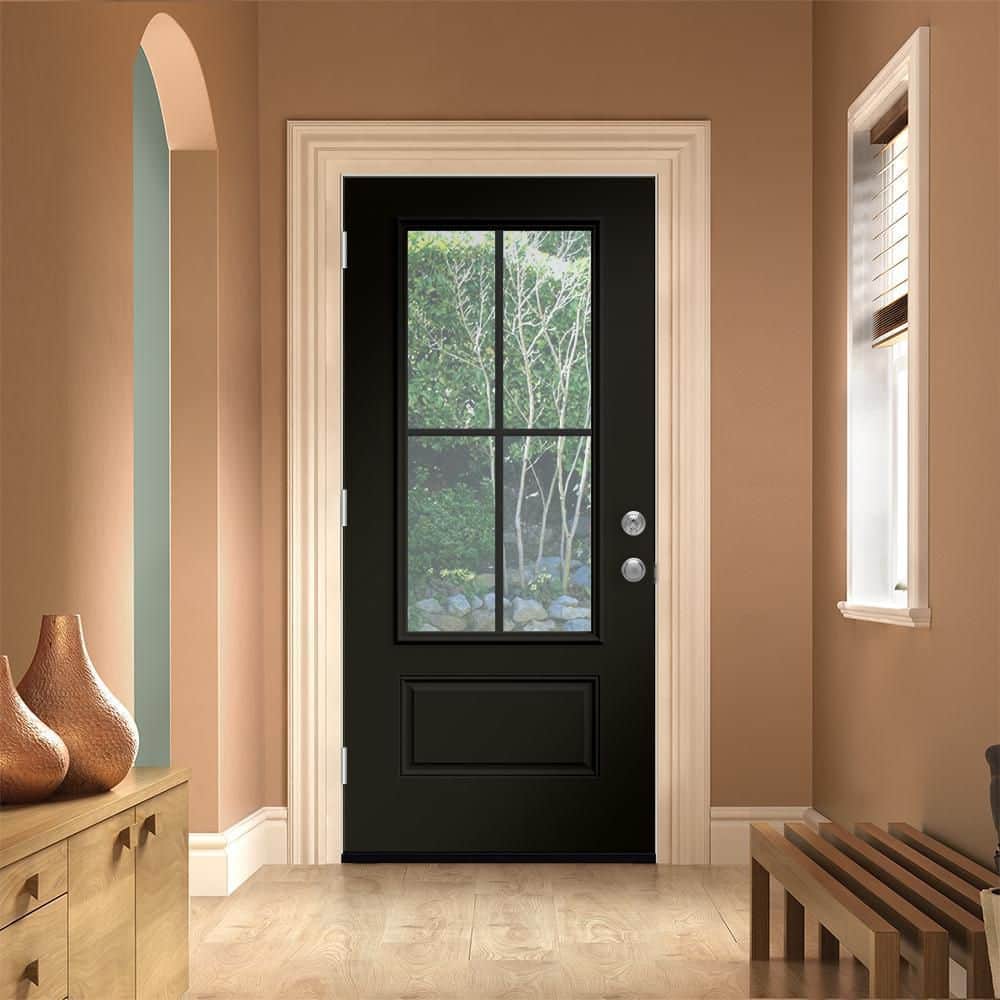 JELD-WEN 36 in. x 80 in. 1 Panel Right-Hand Inswing 3/4 Lite Clear Glass Black Steel Prehung Front Door