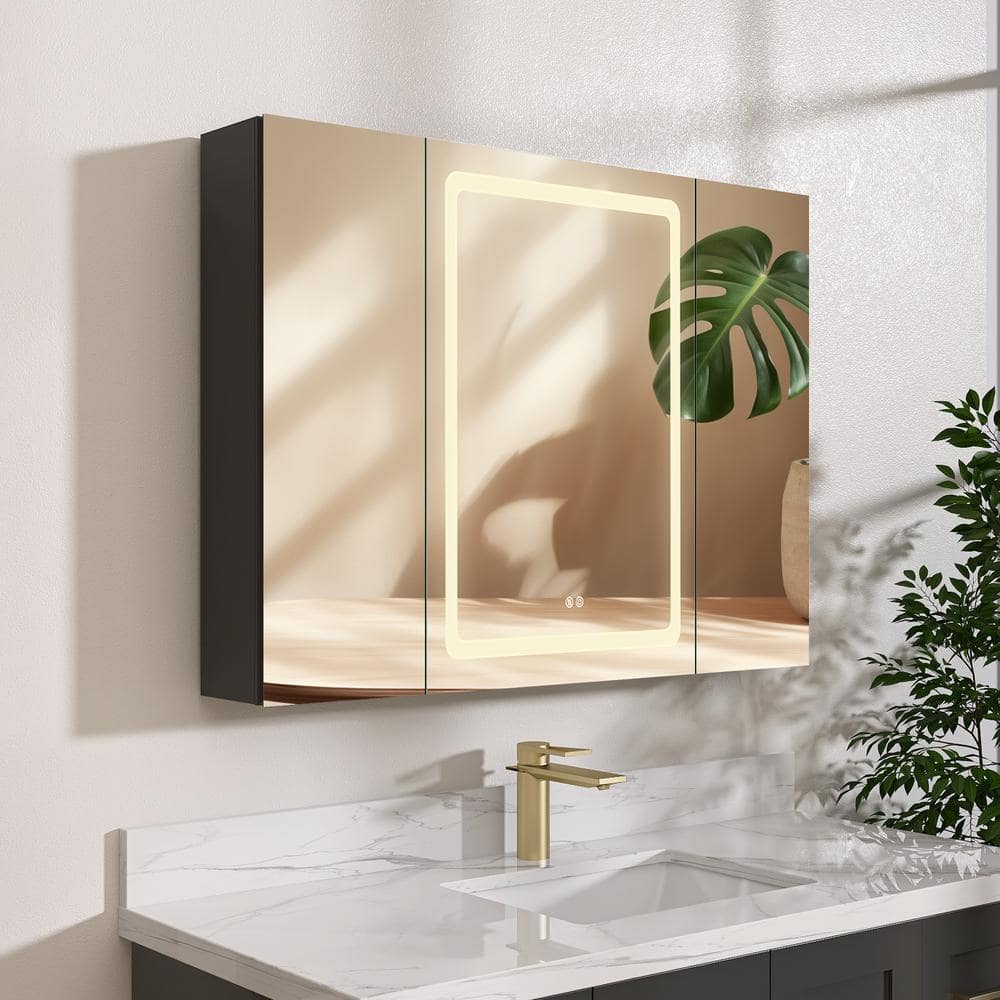 NTQ 40 in. W x 30 in. H Defogging Medium Rectangular Black Aluminum Surface Mount LED Bathroom Medicine Cabinet with Mirror