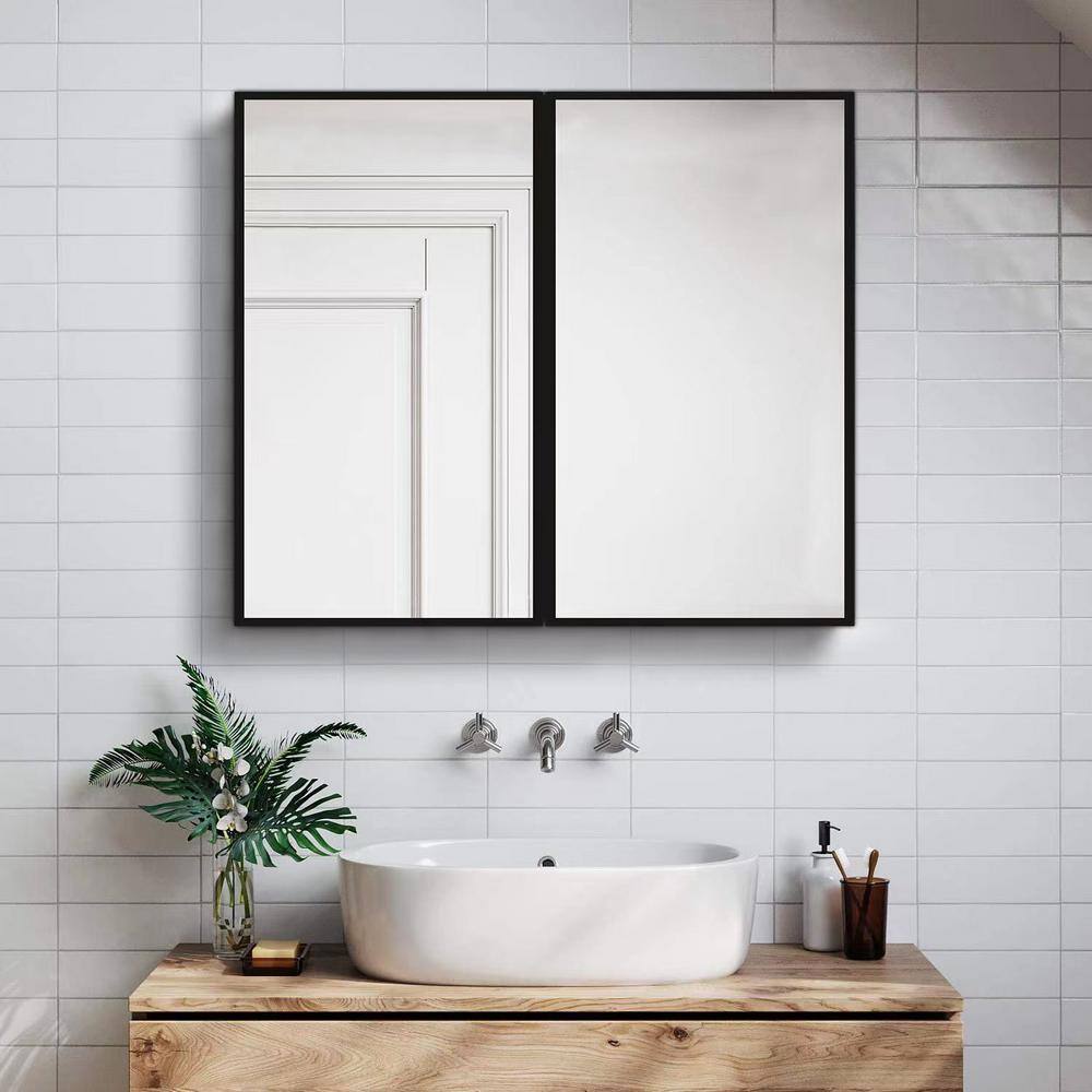 30 in. W x 26 in. H Rectangular Iron Framed Wall Mounted or Recessed Bathroom Medicine Cabinet with Mirror