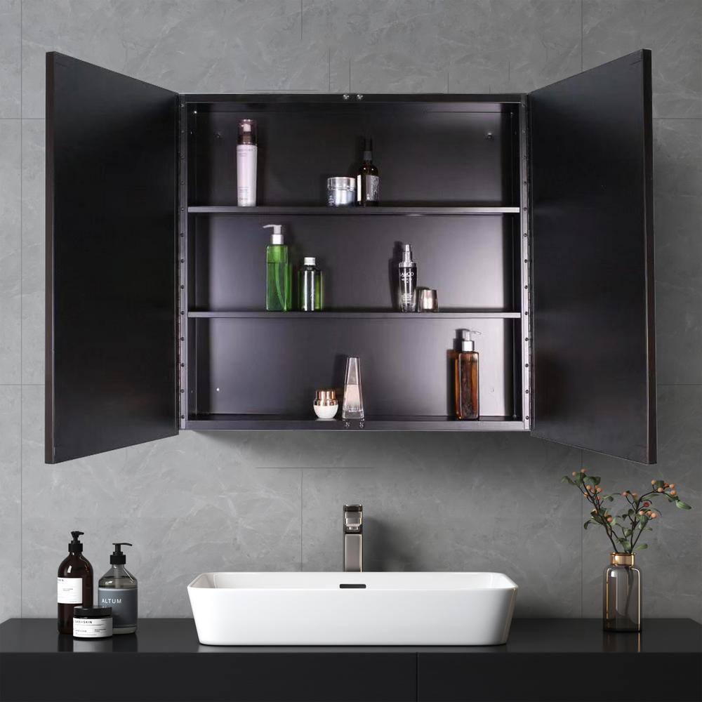 30 in. W x 26 in. H Rectangular Iron Framed Wall Mounted or Recessed Bathroom Medicine Cabinet with Mirror