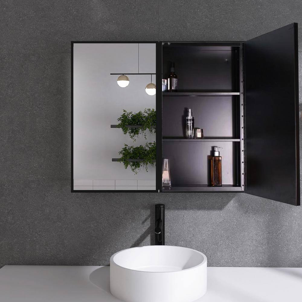 30 in. W x 26 in. H Rectangular Iron Framed Wall Mounted or Recessed Bathroom Medicine Cabinet with Mirror