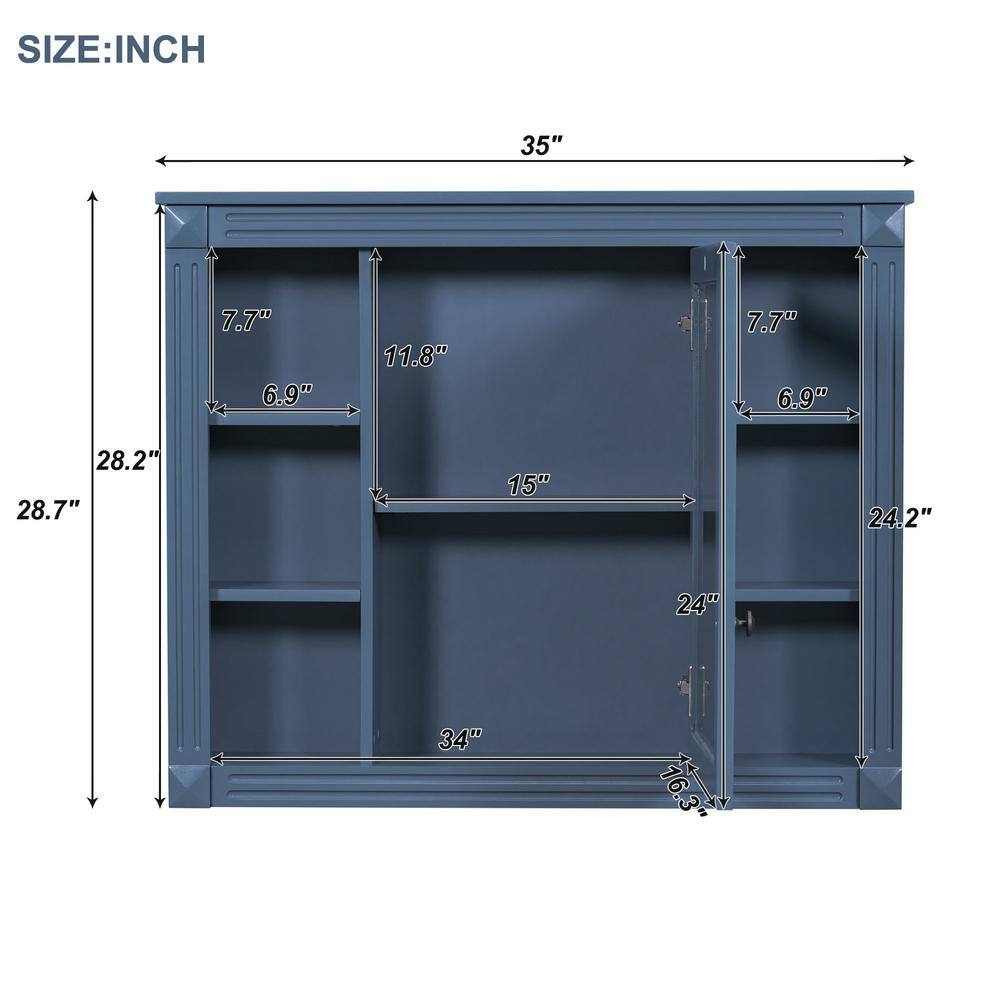 Unbranded 35 in. W x 28.7 in. H Rectangular Surface Mount Blue Bathroom Medicine Cabinet with Mirror with Open Shelves
