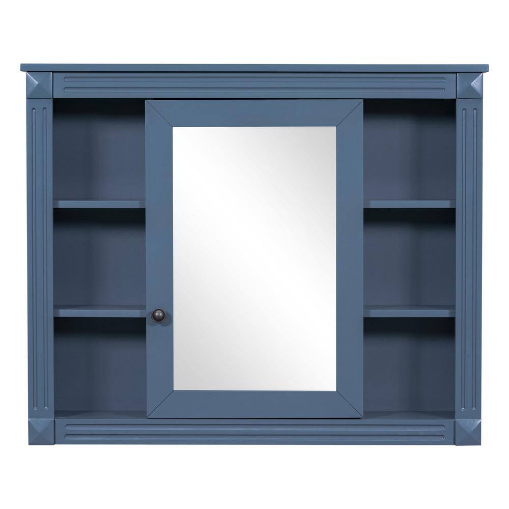 Unbranded 35 in. W x 28.7 in. H Rectangular Surface Mount Blue Bathroom Medicine Cabinet with Mirror with Open Shelves