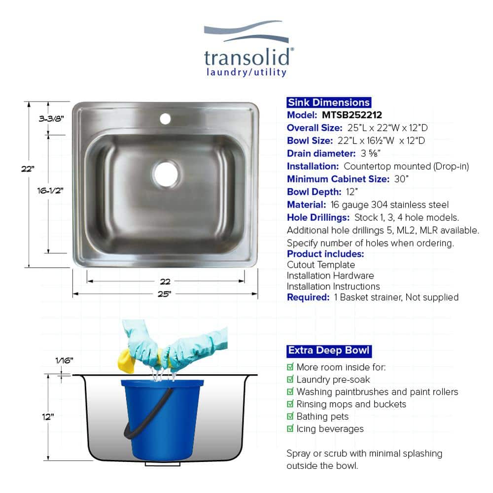 Transolid Meridian 25 in. x 22 in. Stainless Steel Drop-In Laundry Utility Sink Kit