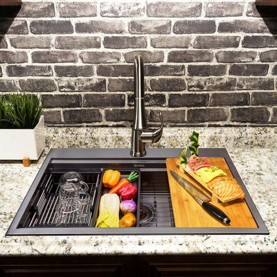 Matte Black Finish Stainless Steel 33 in. x 22 in. Single Bowl Drop-in Kitchen Sink with Workstation and Accessories