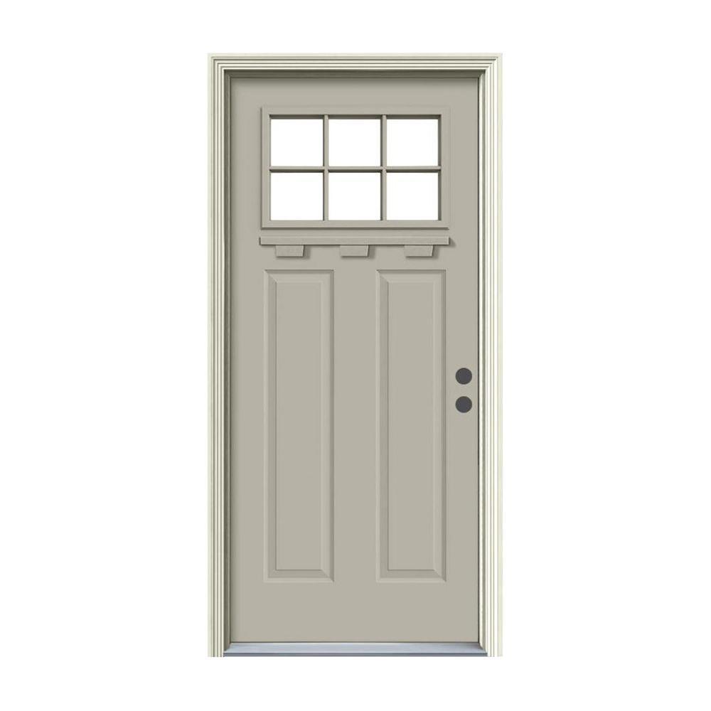 " 36 in. x 80 in. 6 Lite Craftsman Primed Steel Prehung Left-Hand Inswing Front Door w/Brickmould and Shelf"