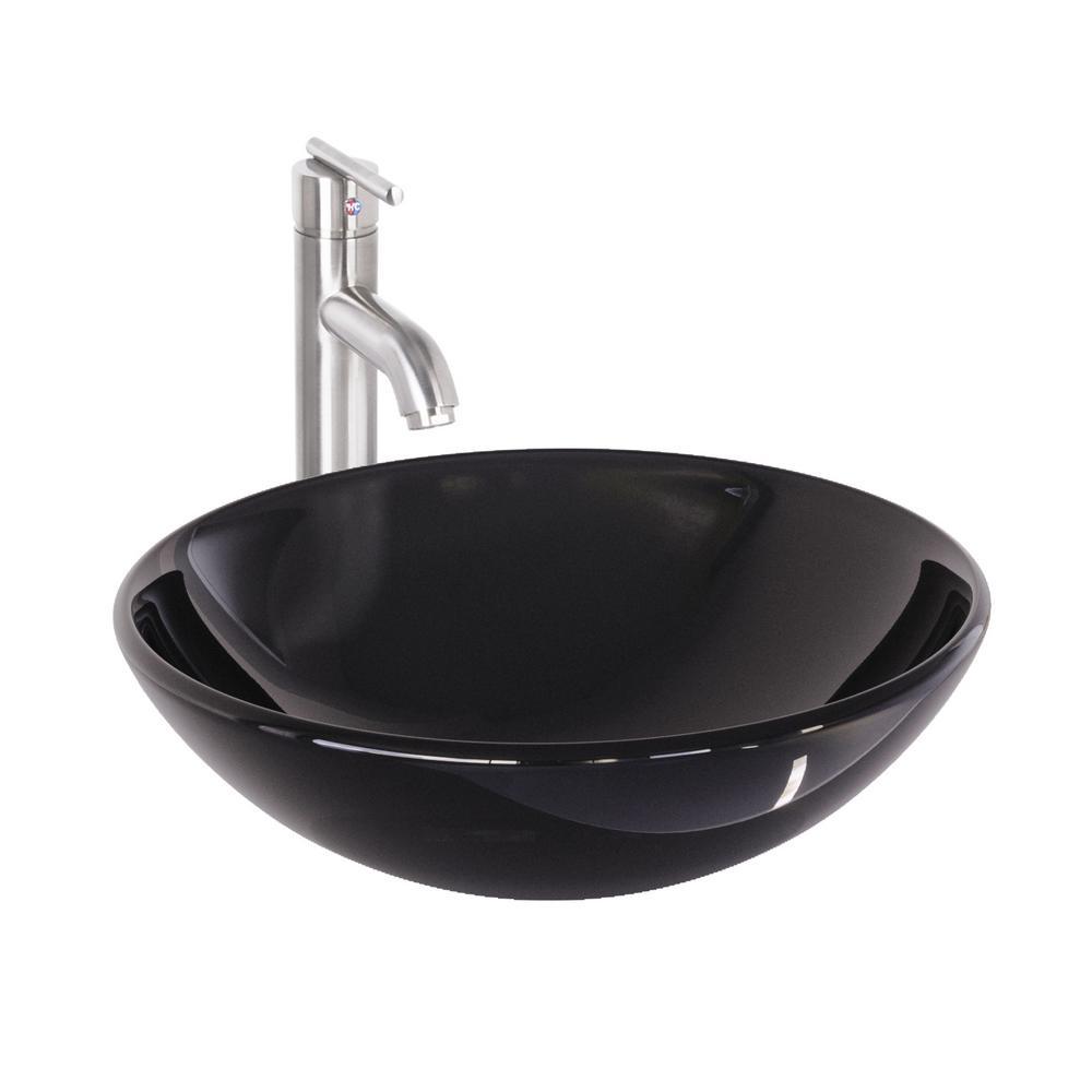Glass Vessel Bathroom Sink in Gray Onyx and Seville Faucet Set in Matte Black - Super Arbor