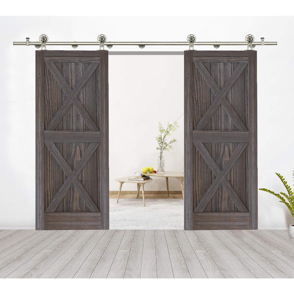 8 ft./96 in. Stainless Steel Sliding Spoke Wheel Barn Door Hardware Kit for Double Door with Non-Routed Floor Guide - Super Arbor