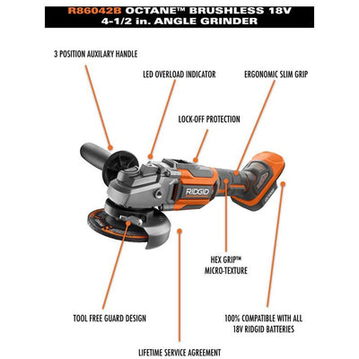 18-Volt OCTANE Cordless Brushless 4-1/2 in. Angle Grinder Kit with (1) OCTANE Bluetooth 3.0 Ah Battery and Charger