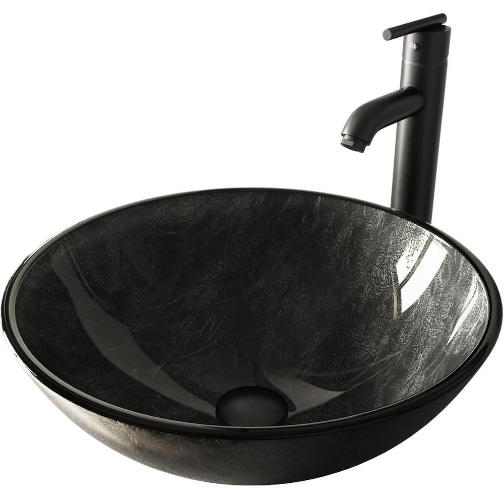 Glass Vessel Bathroom Sink in Gray Onyx and Seville Faucet Set in Matte Black - Super Arbor