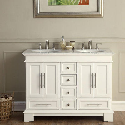 48 in. W x 22 in. D Vanity in White with Marble Vanity Top in Carrara White with White Basin