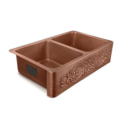 Renzen Farmhouse Apron-Front Handmade Copper 36 in. 50/50 Double Bowl Kitchen Sink in Antique Copper with Scroll Design