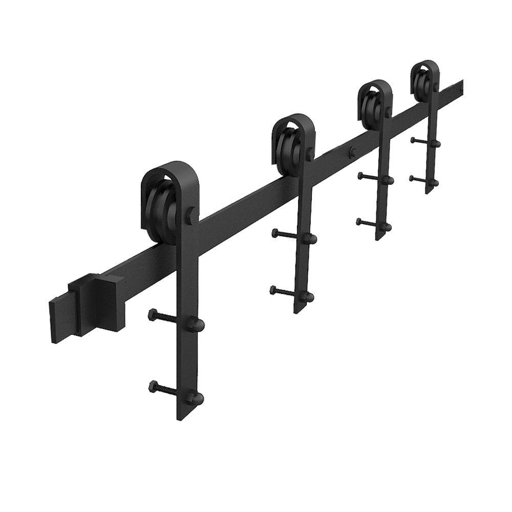 90 in. Frosted Black Sliding Barn Door Hardware Track Kit for Double Doors with Non-Routed Floor Guide - Super Arbor