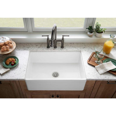 Explore Farmhouse Apron Front Fireclay 30 in. Single Bowl Kitchen Sink in Gloss White