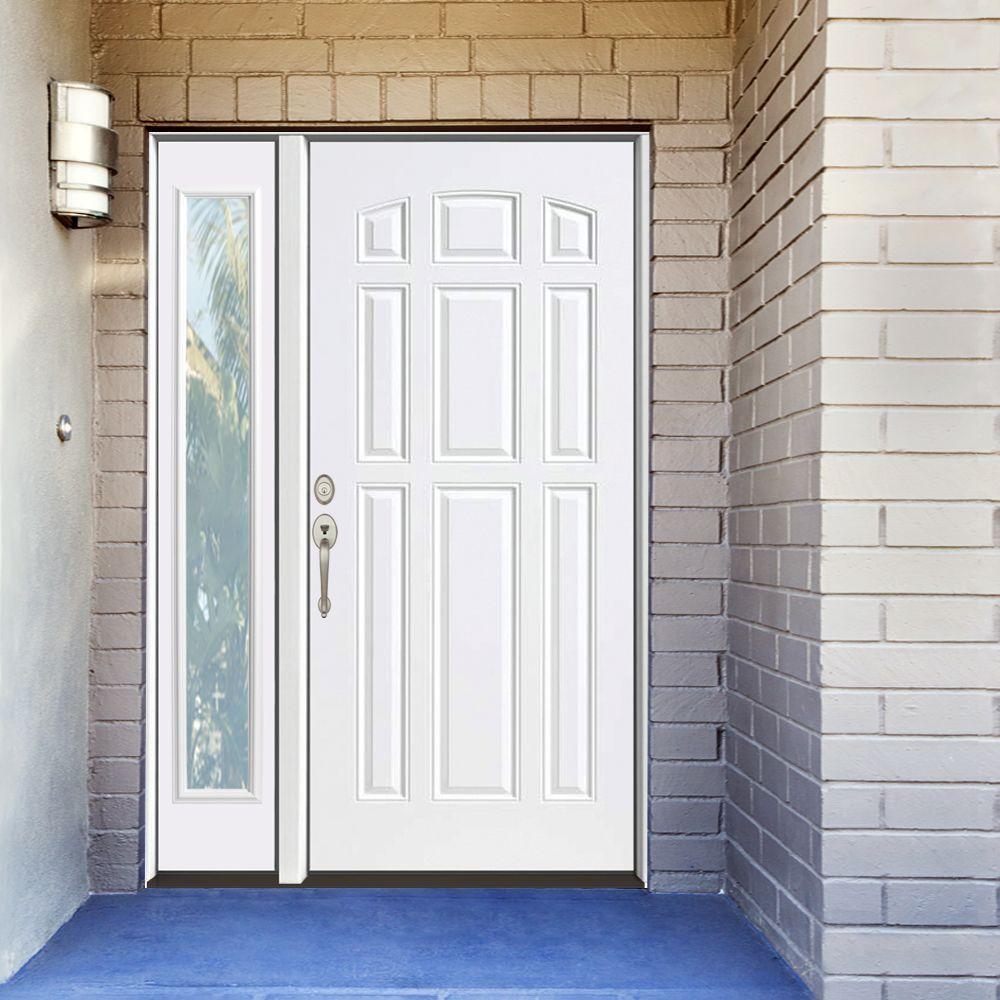 53 in. x 80 in. 9-Panel Primed White Right-Hand Steel Prehung Front Door with 14 in. Clear Glass Sidelite 4 in. Wall - Super Arbor