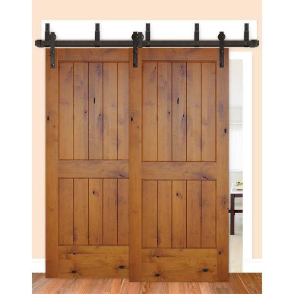 72 in. x 80 in. Bypass Rustic 2-PNL V-Groove Solid Core Knotty Alder Sliding Barn Door with Bronze Hardware Kit - Super Arbor