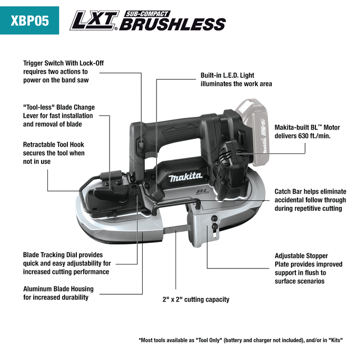 Makita 18V LXT Lithium‑Ion Sub‑Compact Brushless Cordless Band Saw, Tool‑Only (XBP05ZB)