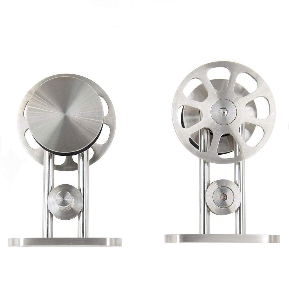 8 ft./96 in. Stainless Steel Sliding Spoke Wheel Barn Door Hardware Kit for Double Door with Non-Routed Floor Guide - Super Arbor