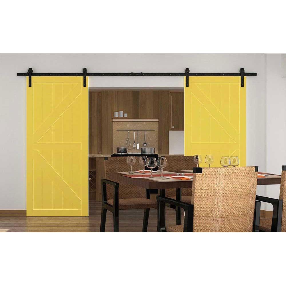 90 in. Frosted Black Sliding Barn Door Hardware Track Kit for Double Doors with Non-Routed Floor Guide - Super Arbor