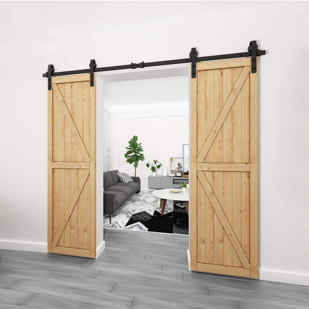 8 ft./96 in. Black Steel Sliding Barn Door Track and Hardware Kit for Double Doors with Floor Guides (J-Shape Hanger) - Super Arbor