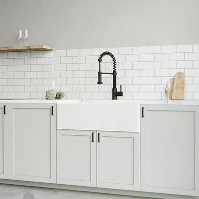 Matte Stone White Composite 33 in. Single Bowl Flat Farmhouse Kitchen Sink with Strainer, Grid and Faucet in Black