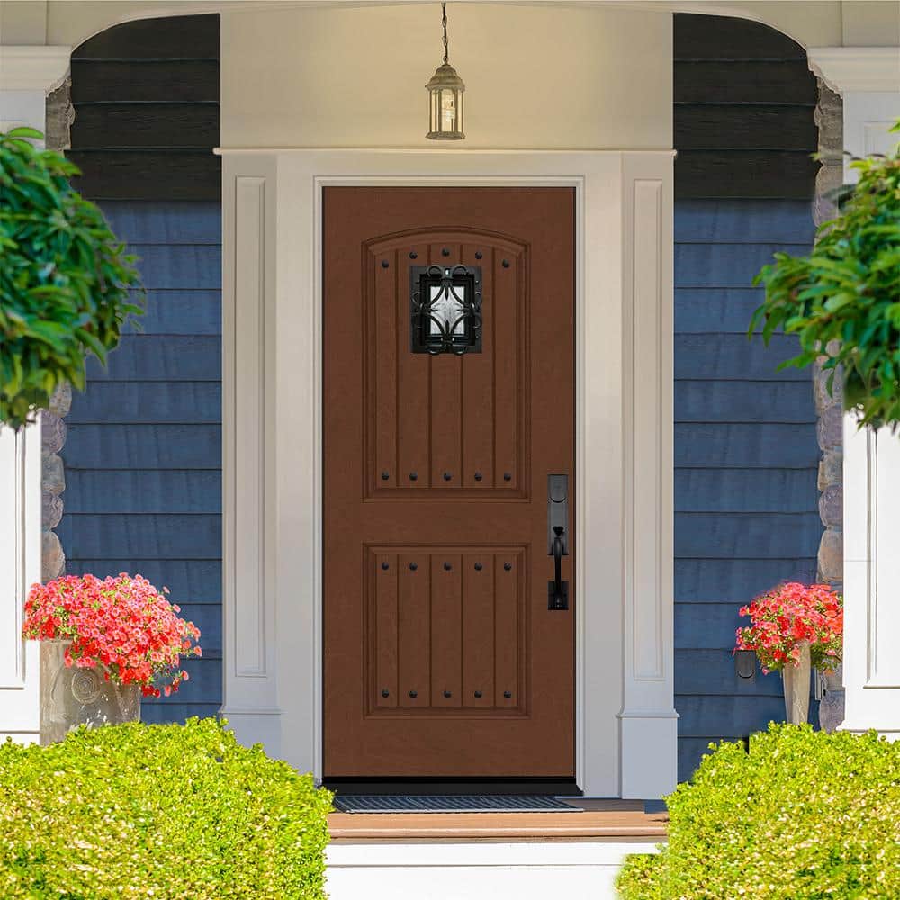 Steves & Sons 36 in. x 80 in. Oxford Speak Easy Left-Hand Inswing Chestnut Mahogany Fiberglass Prehung Front Door, 4-9/16 in. Frame