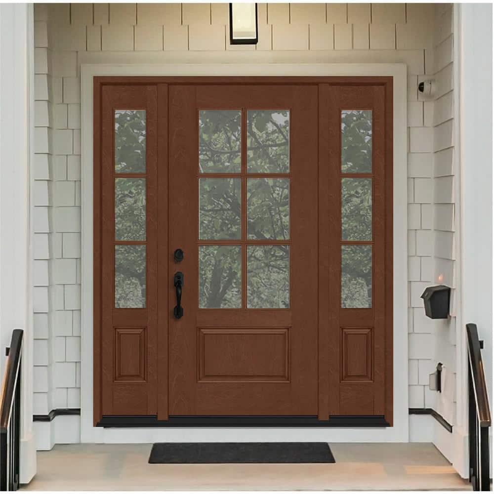 Steves & Sons Regency 64 in. x 80 in. 3/4-6 Lite Clear Glass Right-Hand Chestnut Stain Mahogany Fiberglass Prehung Front Door with Double 12 in. Sidelites