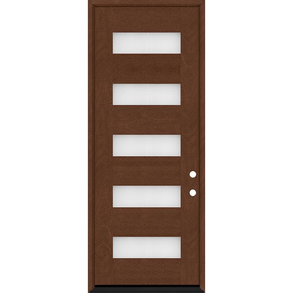 Steves & Sons Regency 36 in. x 96 in. 5L Modern Frosted Glass LHIS Chestnut-Stained Fiberglass Prehung Front Door