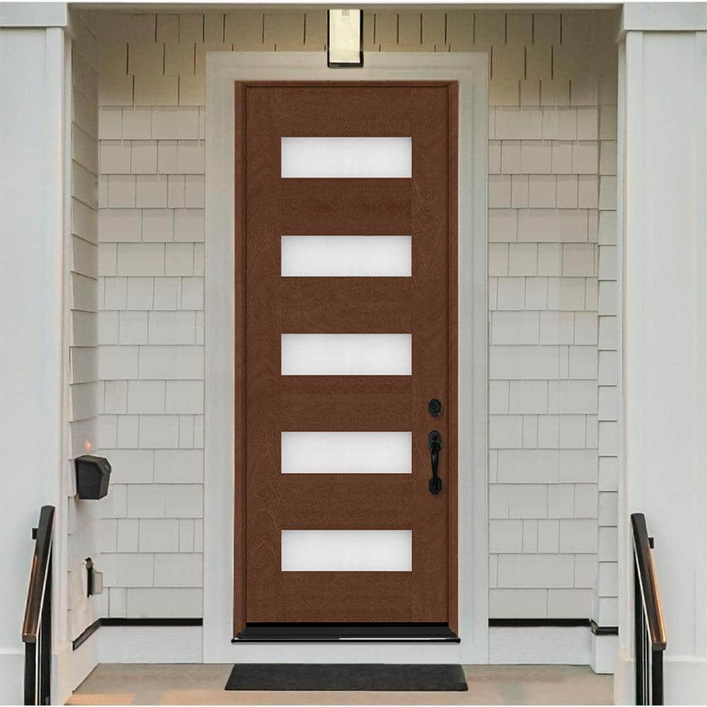 Steves & Sons Regency 36 in. x 96 in. 5L Modern Frosted Glass LHIS Chestnut-Stained Fiberglass Prehung Front Door