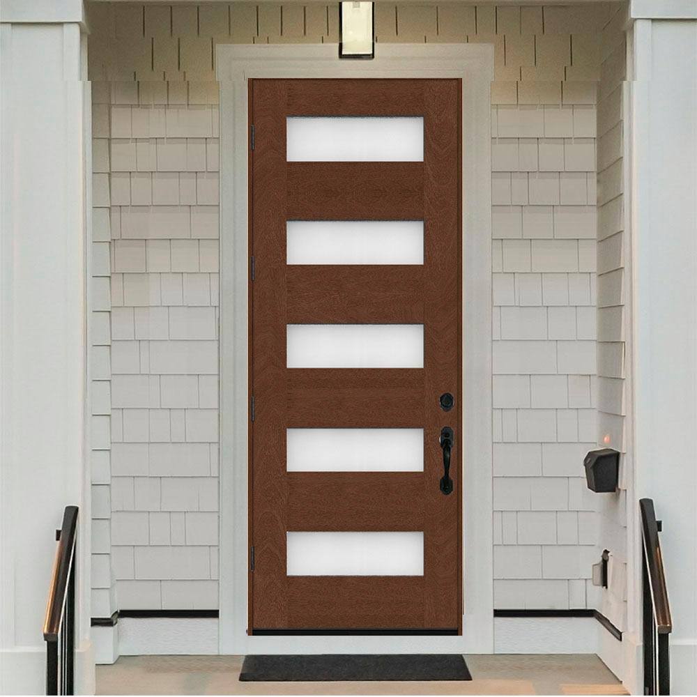 Steves & Sons Regency 36 in. x 96 in. 5-Lite Modern Frosted Glass RHIS Chestnut Stained Fiberglass Prehung Front Door