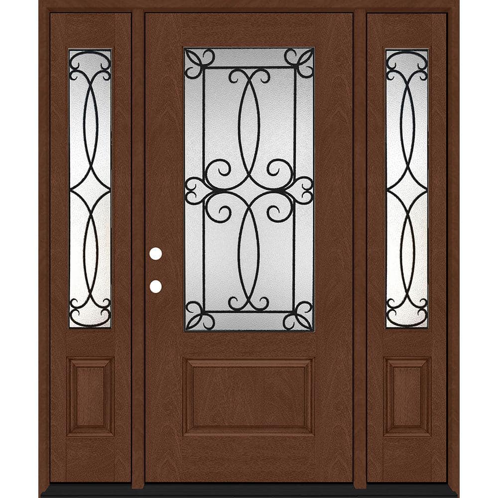 Steves & Sons Regency 64 in. x 80 in. 3/4 Lite Georgian Decorative Glass RHIS Chestnut Mahogany Fiberglass Prehung Front Door with 12 in. Sidelites