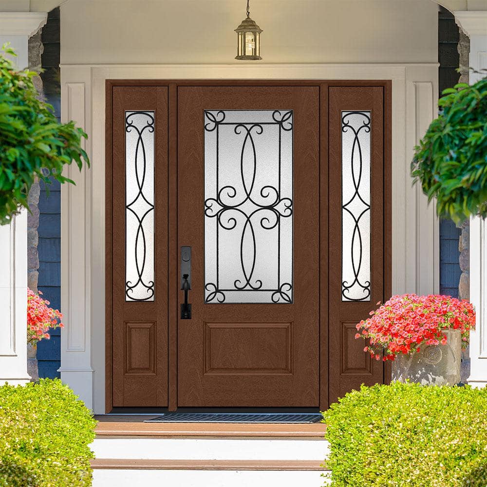 Steves & Sons Regency 64 in. x 80 in. 3/4 Lite Georgian Decorative Glass RHIS Chestnut Mahogany Fiberglass Prehung Front Door with 12 in. Sidelites