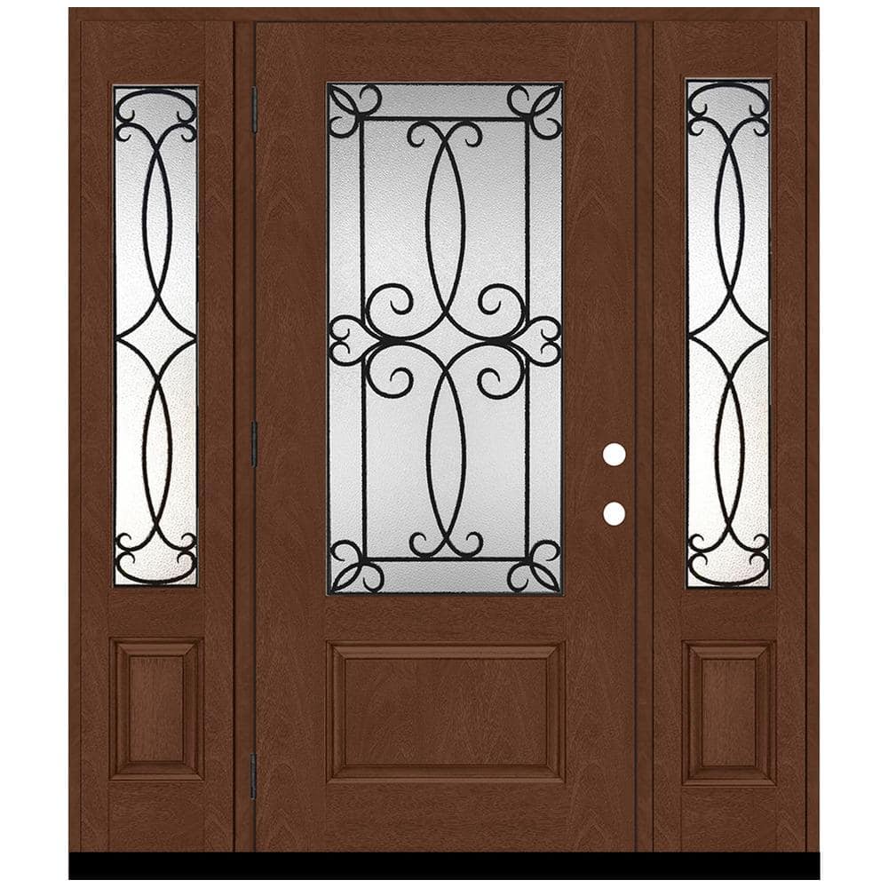 Steves & Sons Regency 64 in. x 80 in. Georgian Decorative Glass RHOS 3/4-Lite Chestnut Mahogany Fiberglass Prehung Front Door with 12 in. Sidelites