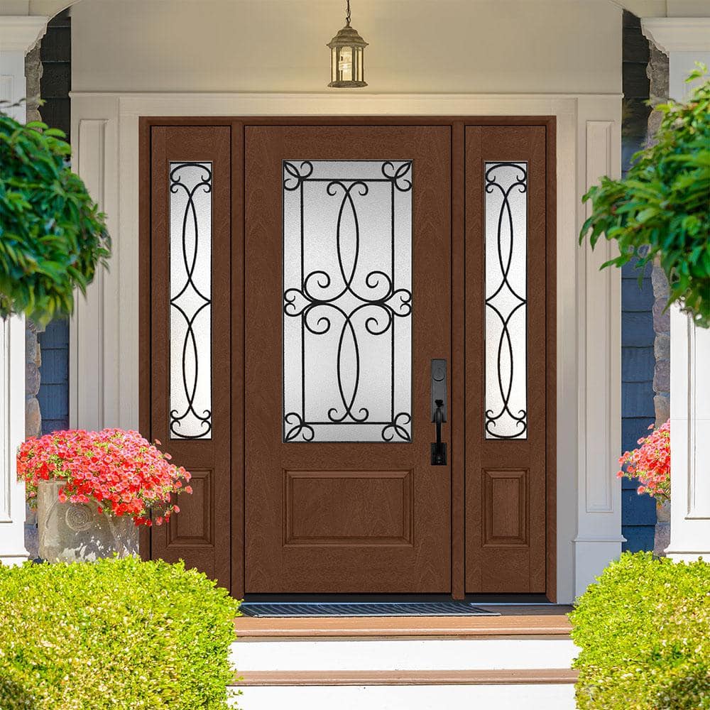 Steves & Sons Regency 64 in. x 80 in. Georgian Decorative Glass RHOS 3/4-Lite Chestnut Mahogany Fiberglass Prehung Front Door with 12 in. Sidelites