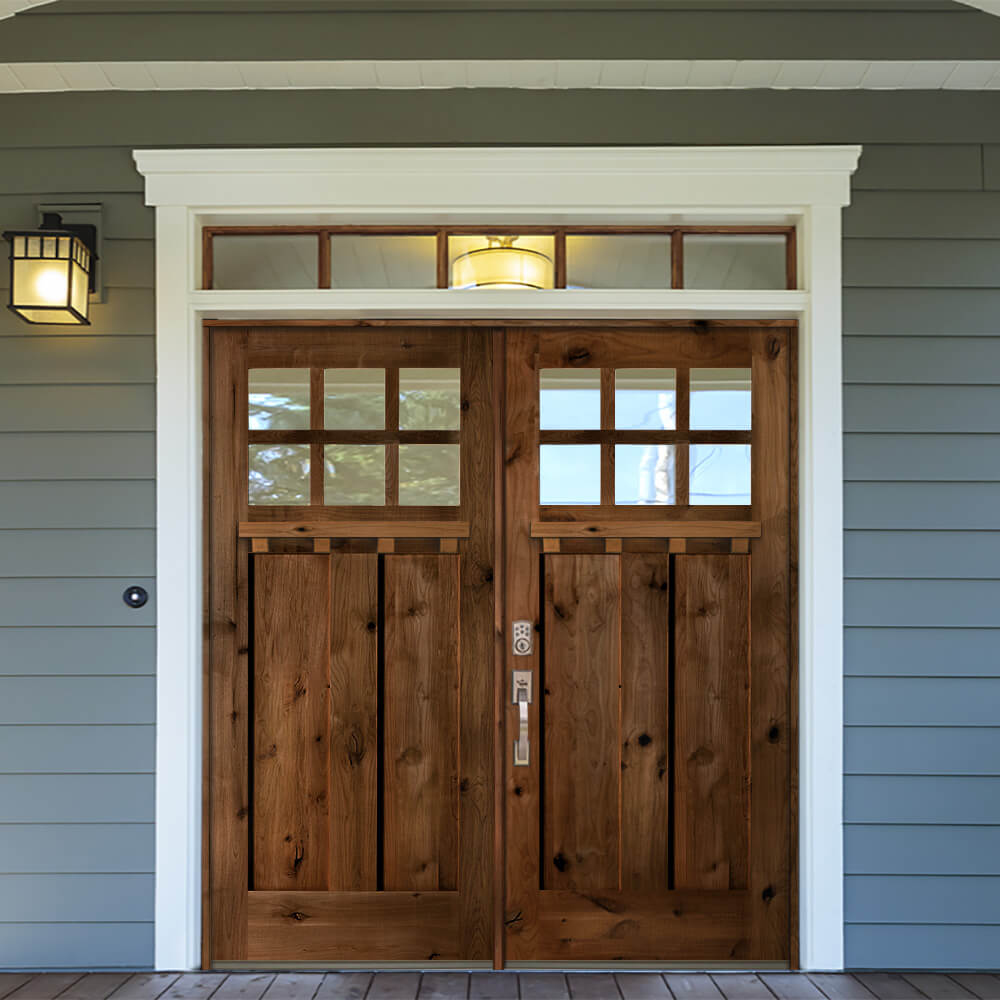 72 in. x 80 in. Craftsman Knotty Alder 6-Lite Clear Glass Unfinished Wood Left Active Inswing Double Prehung Front Door