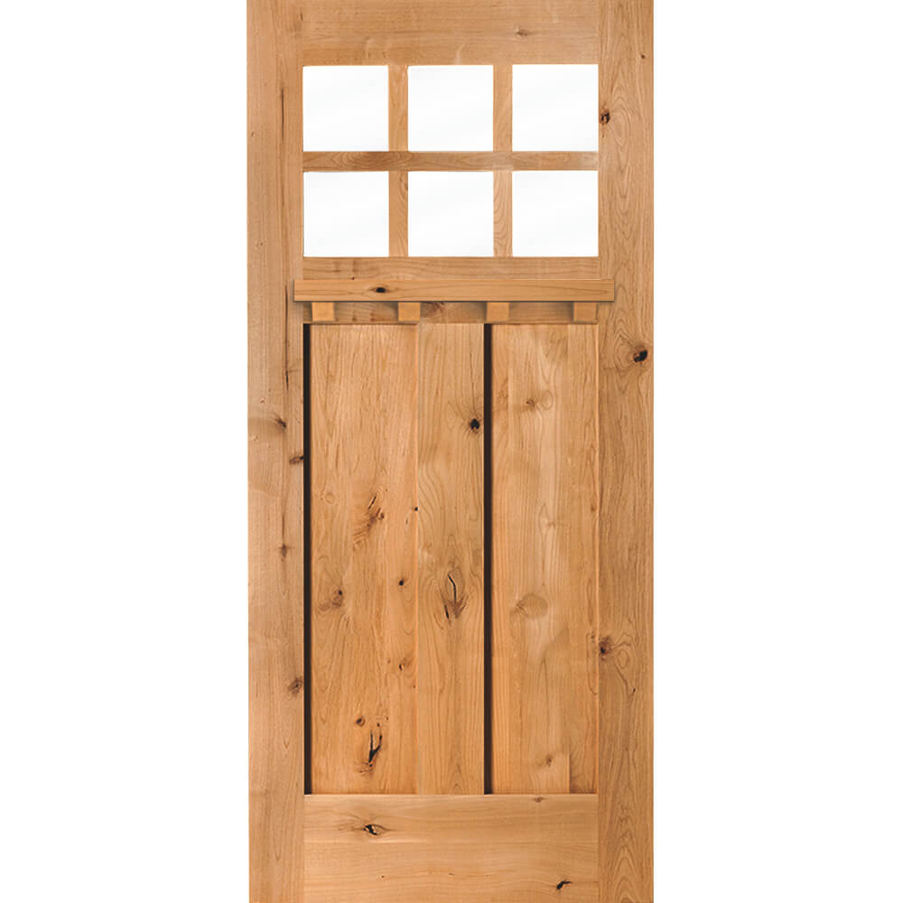 Krosswood 36 in. x 80 in. Craftsman Knotty Alder 6-Lite Clear Glass with Dentil Shelf Unfinished Wood Front Door Slab