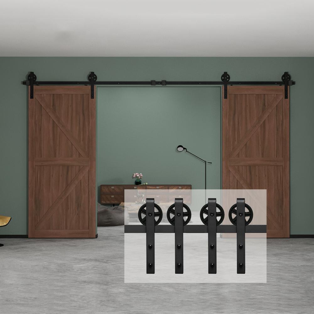 12 ft./144 in. Black Steel Sliding Barn Door Track and Hardware Kit for Double Doors with Floor Guide Bigwheel J Shape) - Super Arbor
