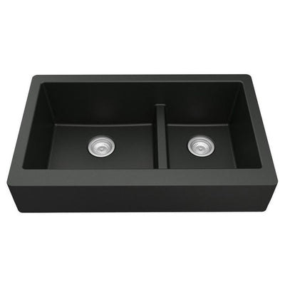 Retrofit Farmhouse/Apron-Front Quartz Composite 34 in. Double Offset Bowl Kitchen Sink in Black