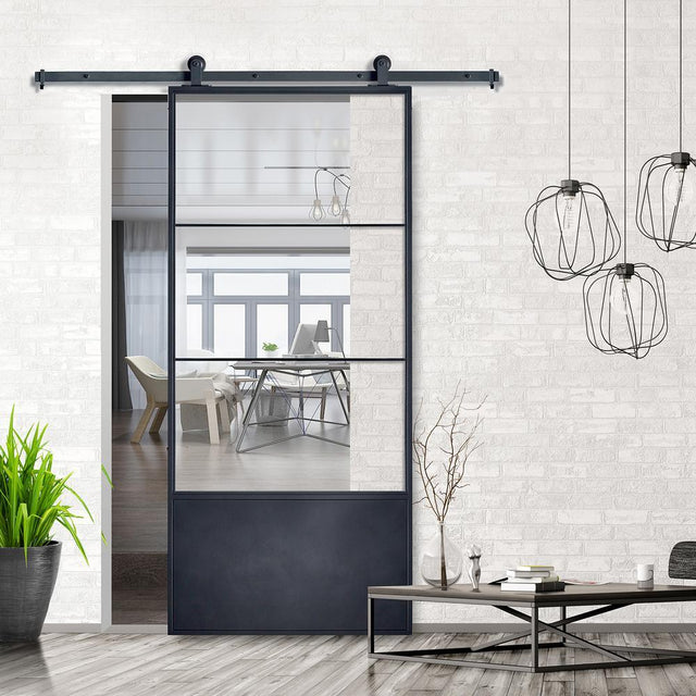 37in.x84in.x3 in. Concorde Epoxy Coated Steel Frame w/ Clear Tempered Glass Barn Door Interior Sliding Door Hardware Kit