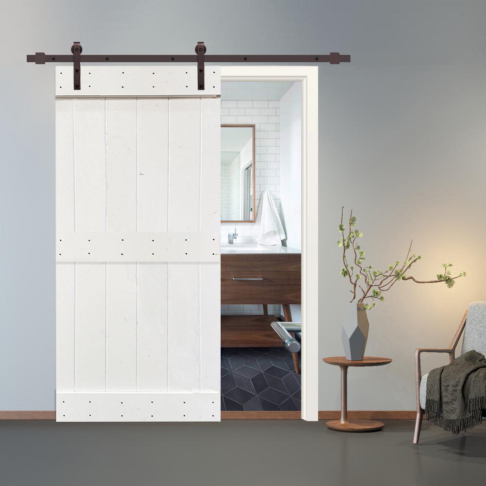 36 in. x 84 in. Mid-Bar White Knotty Pine Wood Interior Sliding Barn Door With Hardware Kit - Super Arbor
