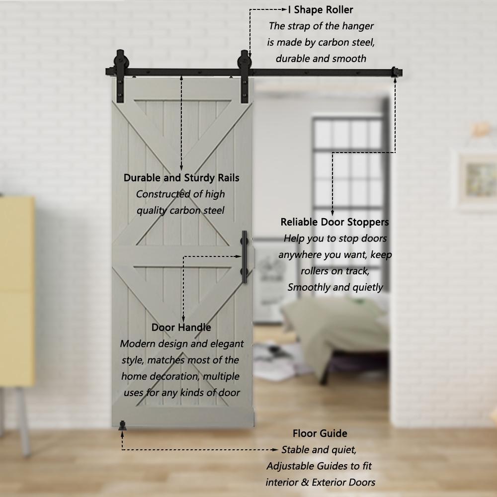 6.6 ft./79 in. Black Steel Straight Strap Sliding Barn Door Track and Hardware Kit w/12 in. Ladder Pull and Flush Handle - Super Arbor